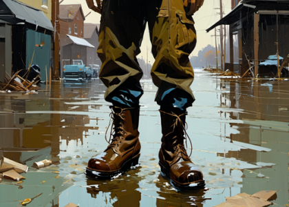 Pessoa com roupa impermeável numa rua destruída pelas cheias