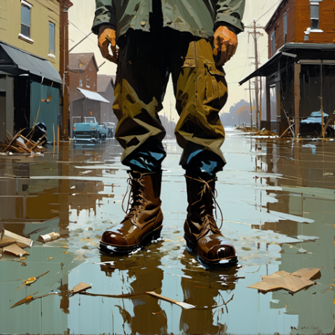 Pessoa com roupa impermeável numa rua destruída pelas cheias